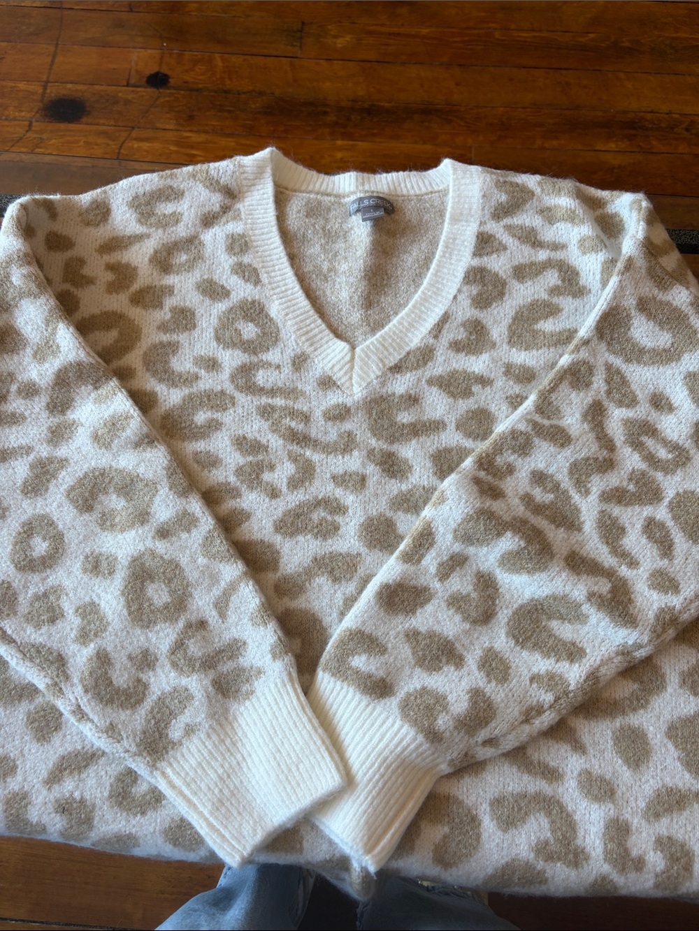 Falls Creek Leopard V-Neck Sweater in Cream and Tan